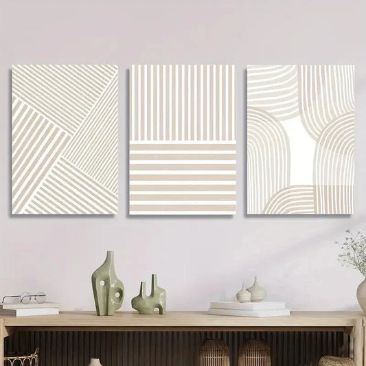 3pcs Geometric Striped Beige, Minimalist Metal Print Ready to Hang Art