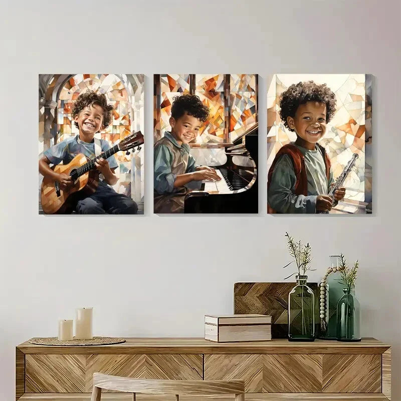 3pcs Black African American Boy Playing Guitar Metal Print Ready to Hang Art