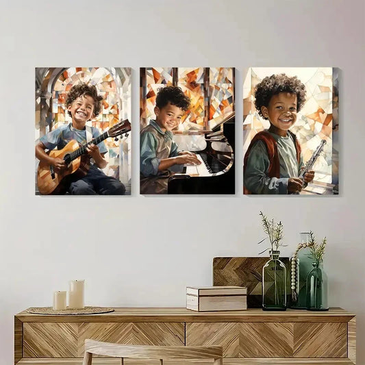 3pcs Black African American Boy Playing Guitar Metal Print Ready to Hang Art