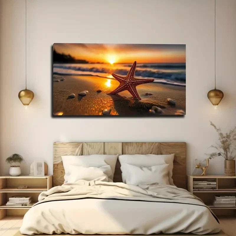 Starfish & Serene Ocean Wall Art Canvas Office Home Room Framed 80x45cm