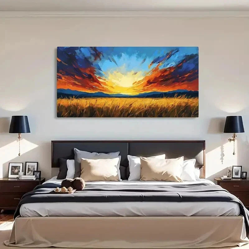 Vibrant Sunset Landscape Fields Wall Art Canvas Office Home Room Framed 120x60cm