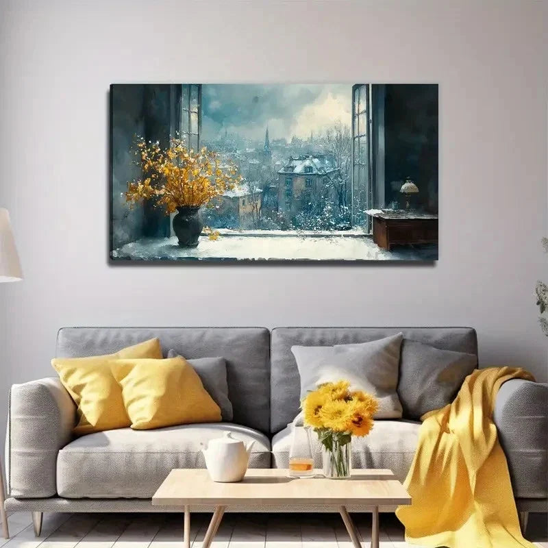 Vibrant Cityscape With Yellow Wall Art Canvas Office Home Room Framed 80x45cm