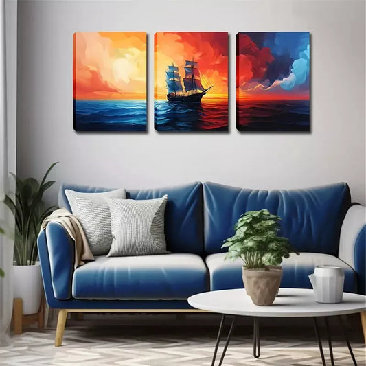 3pcs A Sailboat Sailing On The Sea,  Wall Art Set Canvas Framed 40x60cm - High Quality Print 100% Australian Made Wall Canvas Ready to Hang