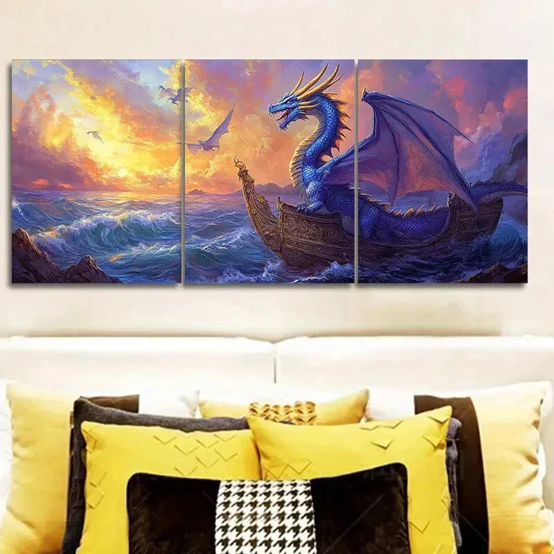3pcs Blue Dragon on Boat Classic Modern Metal Print Ready to Hang Art