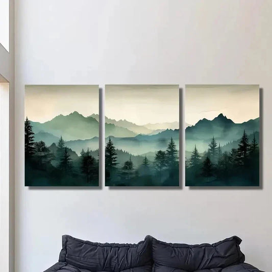3pcs Abstract watercolor green mountain landscape Metal Print Ready to Hang Art