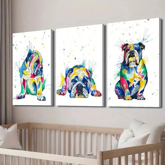 3pcs Colorful English Bulldog Decor Wall Art Set Canvas Framed 40x60cm - High Quality Print 100% Australian Made Wall Canvas Ready to Hang