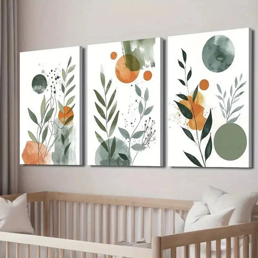 3pcs Nordic Green & Orange Botanical Leaf Wall Art Set Canvas Framed 40x60cm - High Quality Print 100% Australian Made Wall Canvas Ready to Hang
