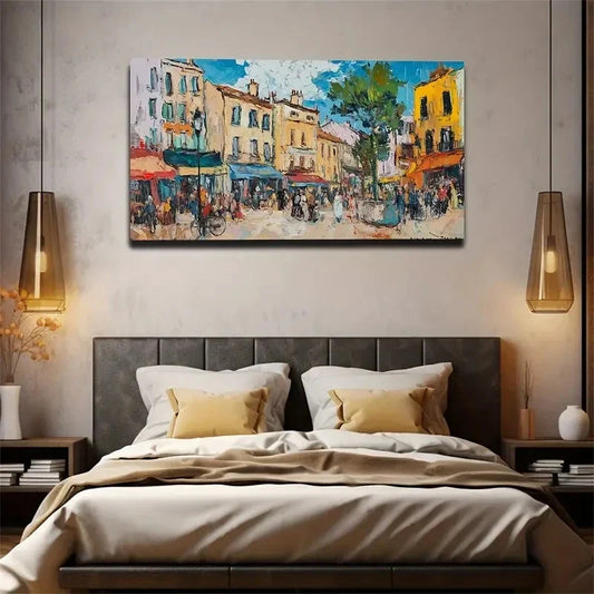 Vibrant Parisian Street Scene Wall Art Canvas Office Home Room Framed 120x60cm