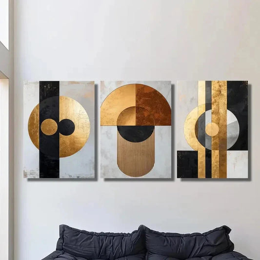 3pcs  Golden Black Geometric Abstract Wall Art Set Canvas Framed 40x60cm - High Quality Print 100% Australian Made Wall Canvas Ready to Hang
