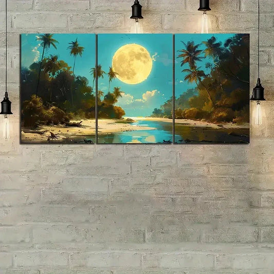 3pcs Golden Fireworks Reflected On The Beach Metal Print Ready to Hang Art