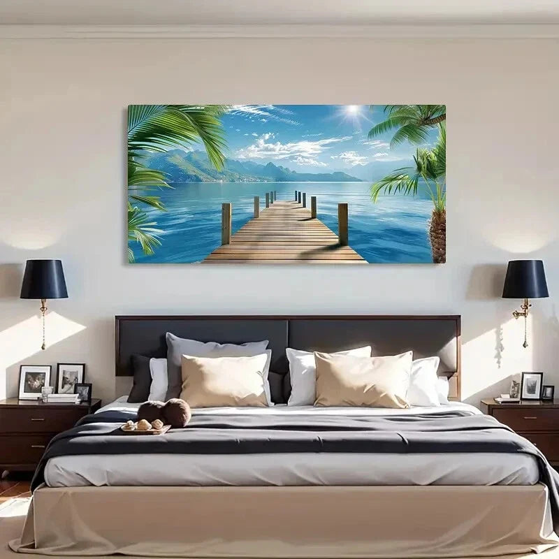Coconut Sea View Aesthetic Wall Art Canvas Office Home Room Framed 120x60cm