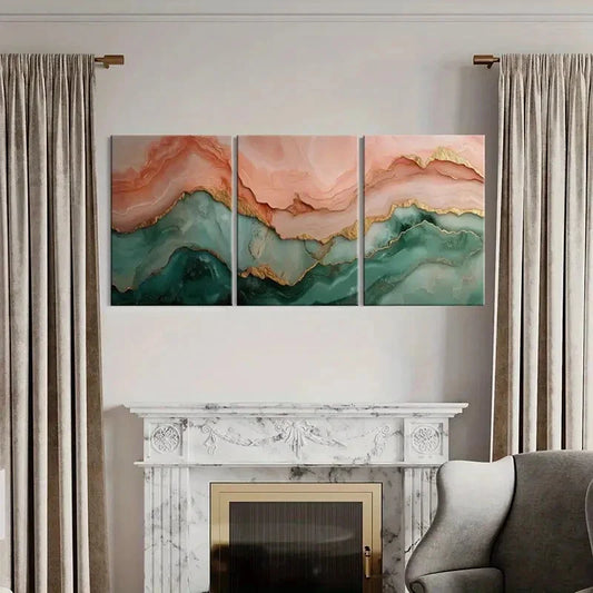 3pcs Teal and Pink Layered Abstract Metal Print Ready to Hang Art