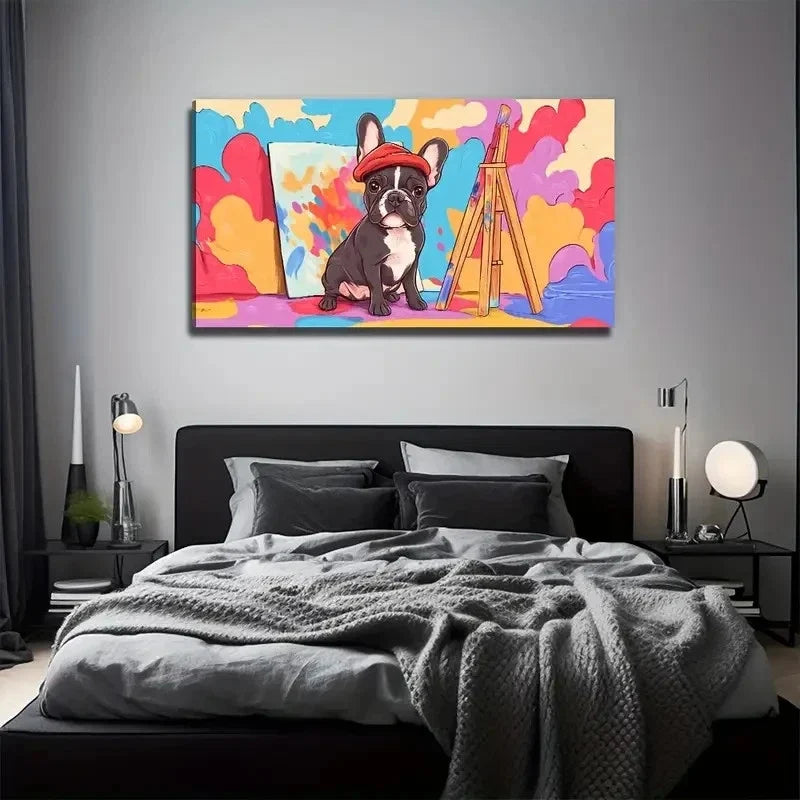 Dog Painter Vibrant Wall Art Canvas Office Home Room Framed 120x60cm