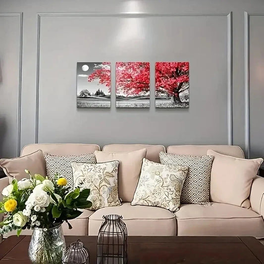 3pcs  Black and White Red Tree Moon Landscape Metal Print Ready to Hang Art