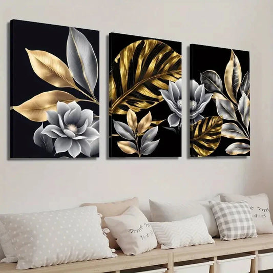3pcs Golden Plant Leaves Floral Wall Art Set Canvas Framed 40x60cm - High Quality Print 100% Australian Made Wall Canvas Ready to Hang