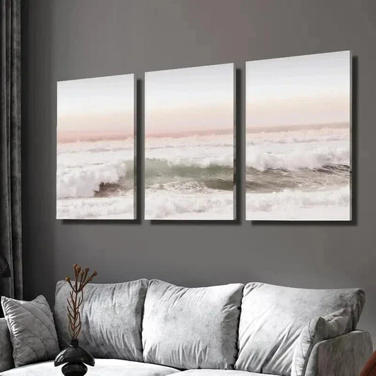 3pcs Pink Coast Sunset Ocean Scenery Wall Art Set Canvas Framed 40x60cm - High Quality Print 100% Australian Made Wall Canvas Ready to Hang
