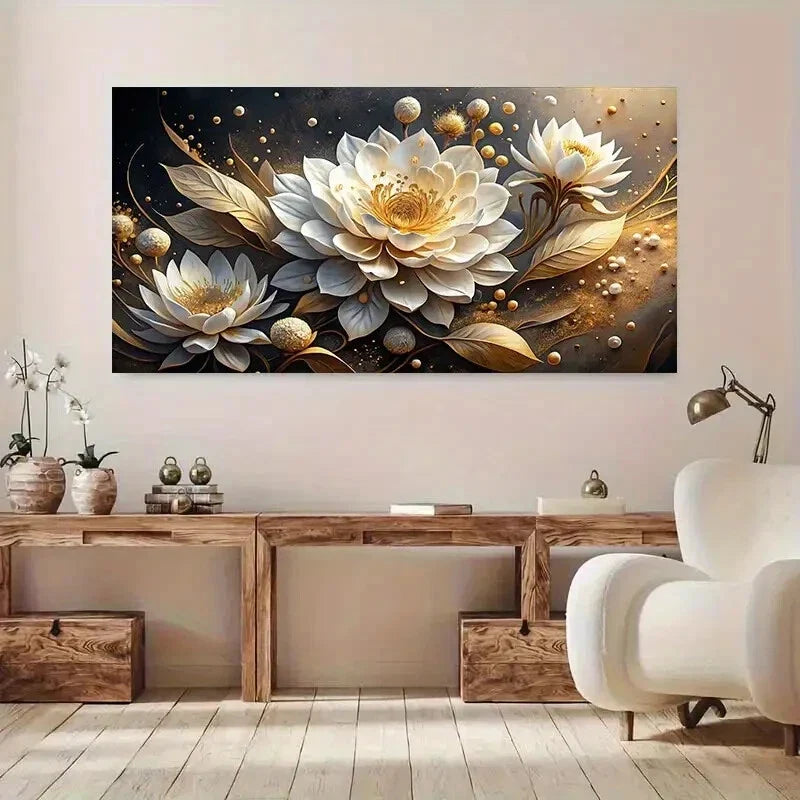 Golden White Floral Design Wall Art Canvas Office Home Room Framed 120x60cm