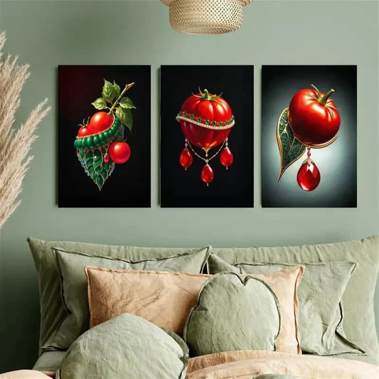 3pcs Tomato Synthetic Gemstone pendant Metal Print Ready to Hang Art