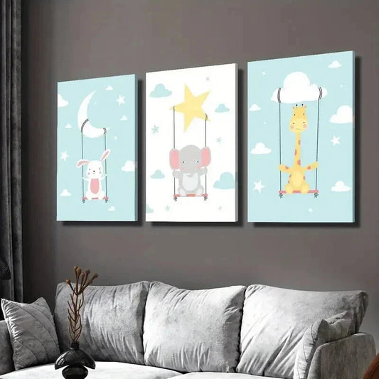 3pcs Rabbits Elephants Giraffes and Clouds Wall Art Set Canvas Framed 40x60cm - High Quality Print 100% Australian Made Wall Canvas Ready to Hang