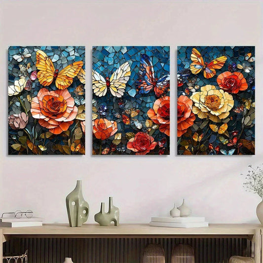 3pcs Spring and Summer Butterflies and Roses Metal Print Ready to Hang Art