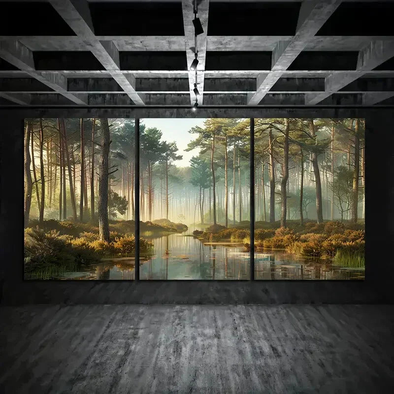 3pcs Forest Panoramic View Tall Trees and Water Metal Print Ready to Hang Art