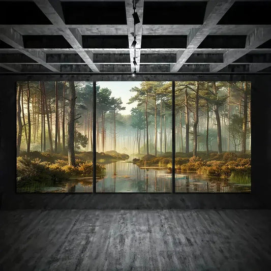 3pcs Forest Panoramic View Tall Trees and Water Metal Print Ready to Hang Art