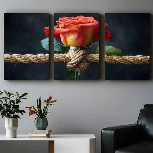 3pcs Abstract Paintings Red Roses Brown Rope Metal Print Ready to Hang Art
