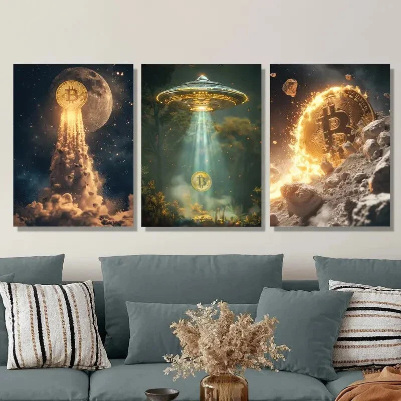 3pcs Bitcoin & UFO Surreal Moon Landing Metal Print Ready to Hang Art