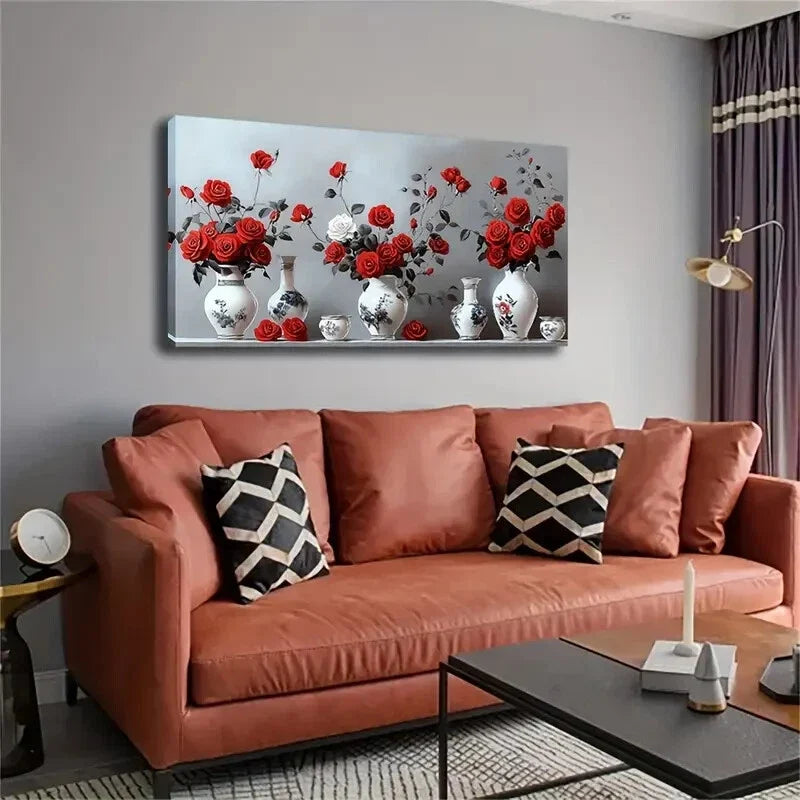 White Porcelain Vases Roses Wall Art Canvas Office Home Room Framed 120x60cm