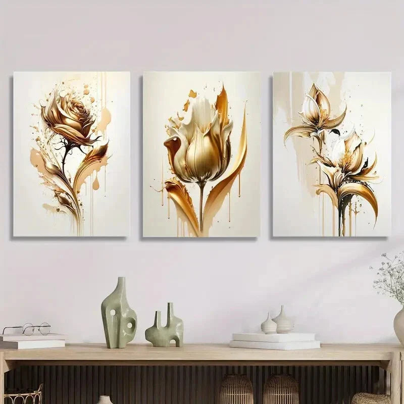 3pcs Golden rose abstract concept illustration Wall Art Set Canvas Framed 40x60cm - High Quality Print 100% Australian Made Wall Canvas Ready to Hang