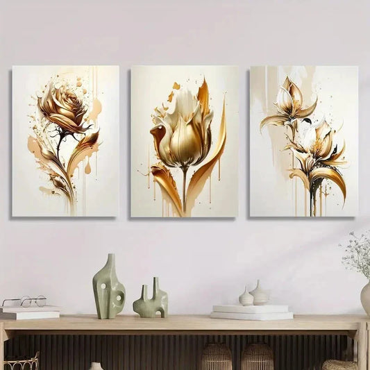 3pcs Golden rose abstract concept illustration Wall Art Set Canvas Framed 40x60cm - High Quality Print 100% Australian Made Wall Canvas Ready to Hang