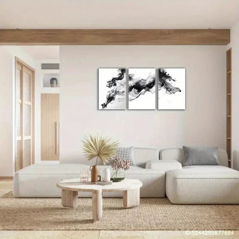 3pcs Modern Abstract Black & White Smoke Design Metal Print Ready to Hang Art
