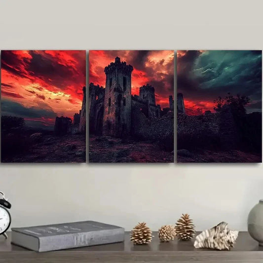 3pcs Dilapidated Castle Against a Crimson Sky Metal Print Ready to Hang Art