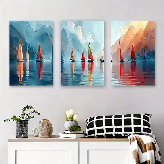 3pcs Colorful Sailboats on Water Metal Print Ready to Hang Art