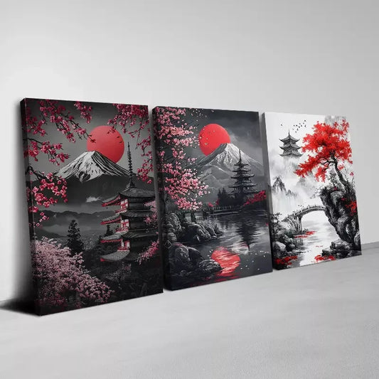 3pcs Nature Scenes with Mount Fuji & red Florals Wall Art Set Canvas Framed 40x60cm - High Quality Print 100% Australian Made Wall Canvas Ready to Hang
