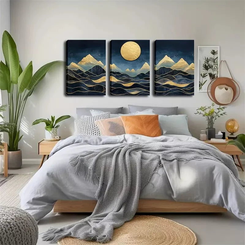 3pcs Abstract Mountain Moon Landscape Wall Art Set Canvas Framed 40x60cm - High Quality Print 100% Australian Made Wall Canvas Ready to Hang