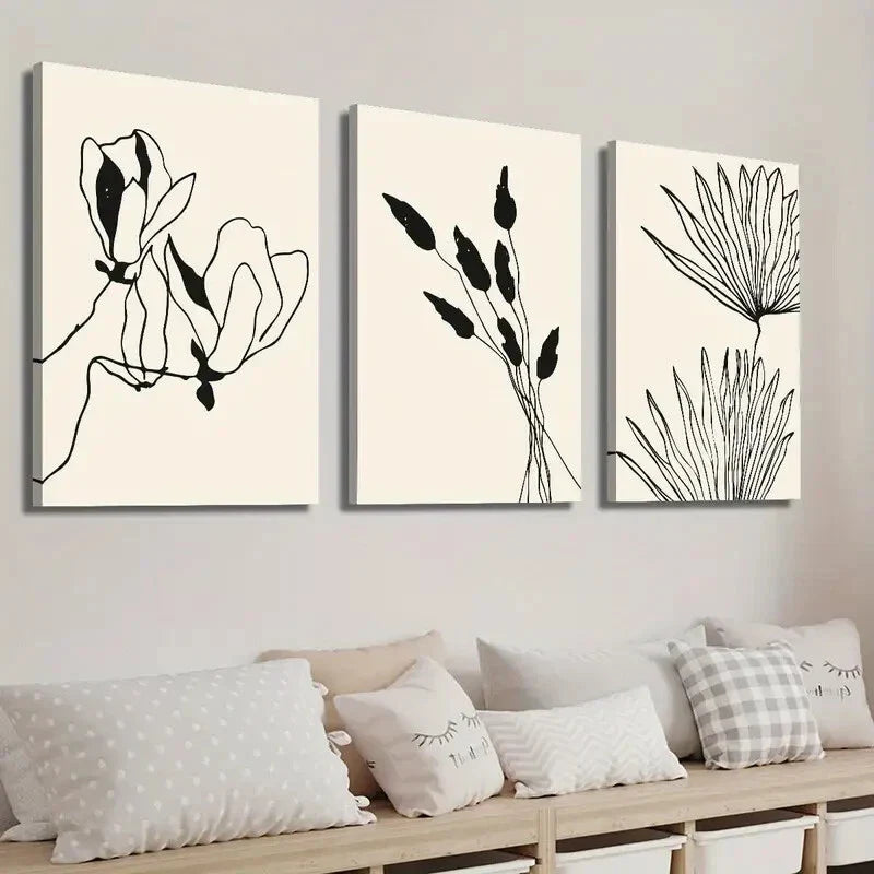 3pcs Abstract Beige and Black Botanical Floral Wall Art Set Canvas Framed 40x60cm - High Quality Print 100% Australian Made Wall Canvas Ready to Hang