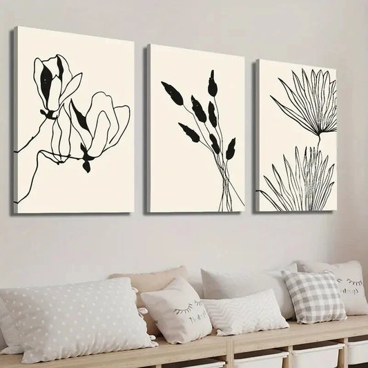 3pcs Abstract Beige and Black Botanical Floral Wall Art Set Canvas Framed 40x60cm - High Quality Print 100% Australian Made Wall Canvas Ready to Hang