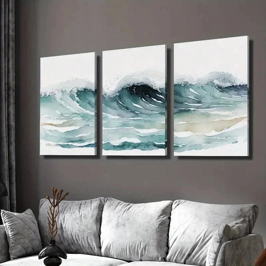 3pcs Ocean Waves Watercolor Painting Wall Art Set Canvas Framed 40x60cm - High Quality Print 100% Australian Made Wall Canvas Ready to Hang