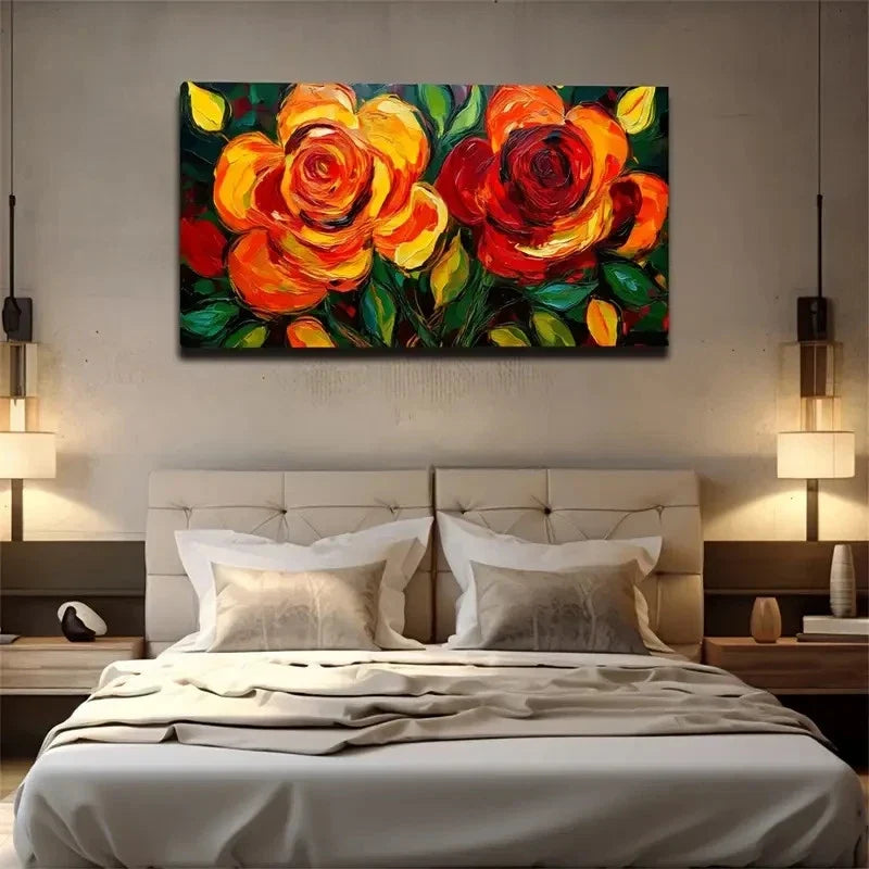 Vibrant Red Floral Wall Art Canvas Office Home Room Framed 80x45cm