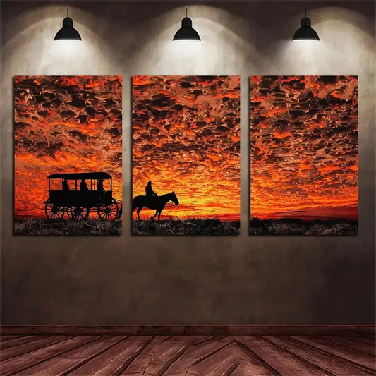 3pcs Sunset Horse and Carriage Metal Print Ready to Hang Art