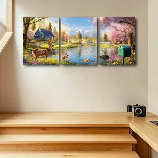 3pcs Spring scene with Florals and Animals Metal Print Ready to Hang Art