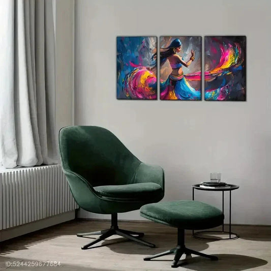 3pcs Artistic Highlight Indian Woman Dancing Metal Print Ready to Hang Art