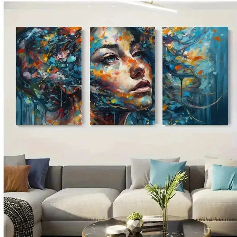 3pcs Abstract Woman Face Colorful Painting Metal Print Ready to Hang Art