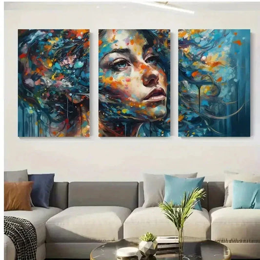 3pcs Abstract Woman Face Colorful Painting Metal Print Ready to Hang Art