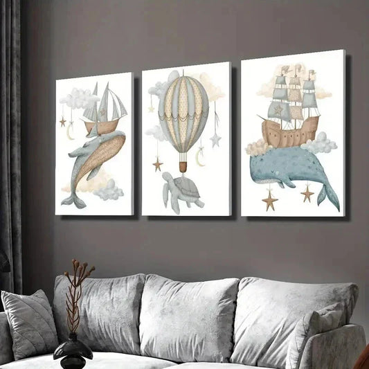 3pcs Whale Turtle Hot Air Balloon & Ship Wall Art Set Canvas Framed 40x60cm - High Quality Print 100% Australian Made Wall Canvas Ready to Hang