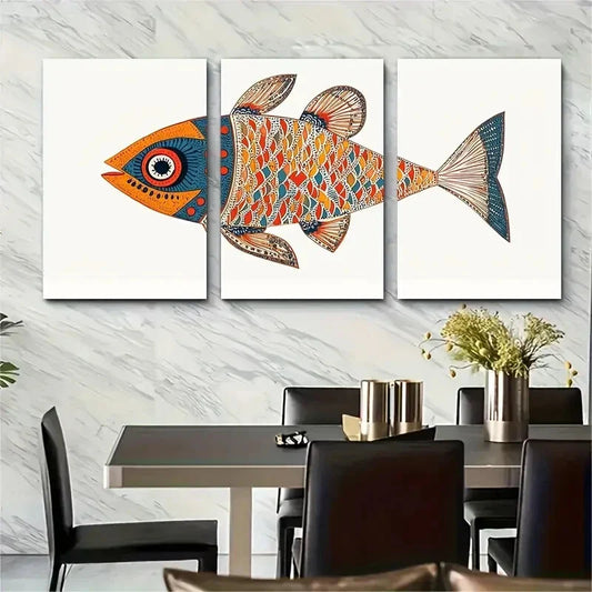 3pcs Vibrant Madhubani Fish Wall Art Prints Metal Print Ready to Hang Art