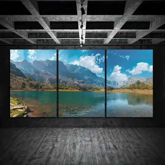 3pcs Mountain Lake Blue Sky, and Lush Greenery Metal Print Ready to Hang Art