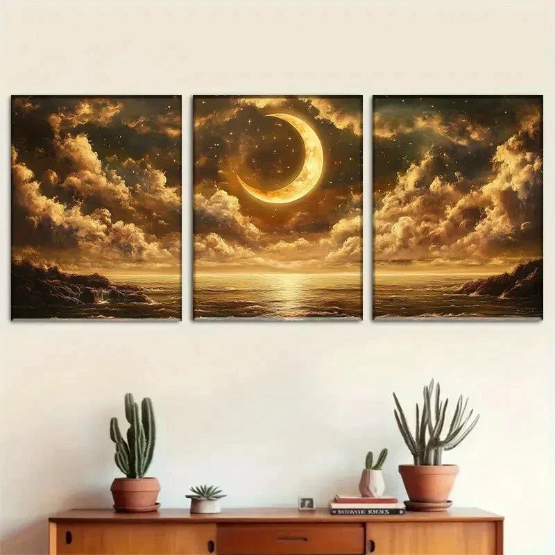 3pcs Golden Moon & Stars Reflecting on Stormy Sea Metal Print Ready to Hang Art