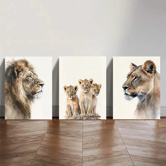 3pcs Safari Animals African Lions Minimalist Metal Print Ready to Hang Art